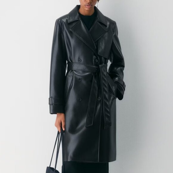 ARITZIA BABATON TABLOID VEGAN LEATHER BLACK DOUBLE BREASTED TRENCH COAT XXS - Picture 1 of 6